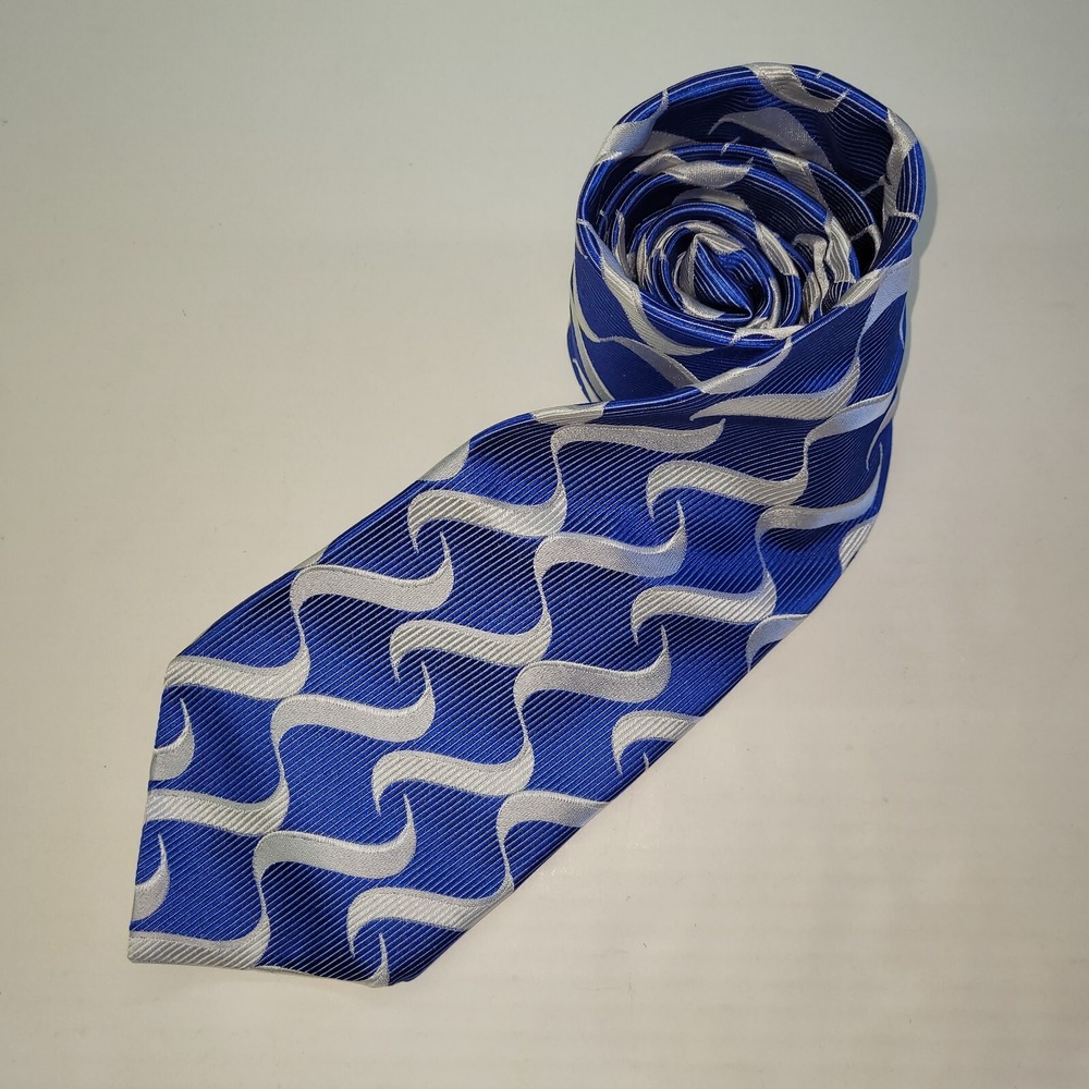 BACHRACH Repp Tie Mens Blue Silver Geometric‎ Pattern Silk Necktie Tie Office